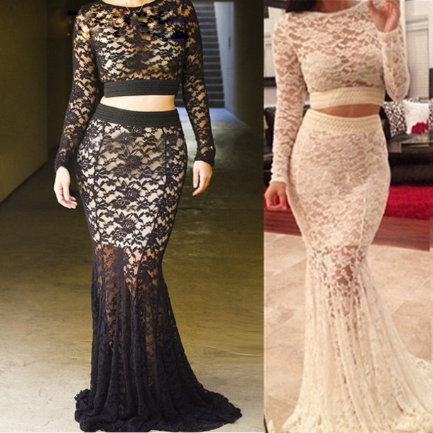 Sexy O Neck Long Sleeves Mermaid Crop Top Natural Waist Floor Length Tow Piece Lace Evening Dresses Prom Dresses Party Dresses