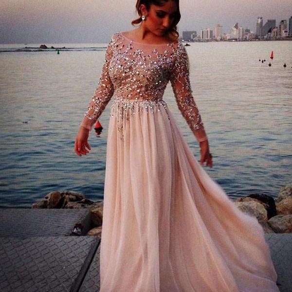 Sexy Boat Neck With Beading Long Sleeves A Line Chiffon Evening Dresses  Prom Dresses Party Dresses W on Luulla